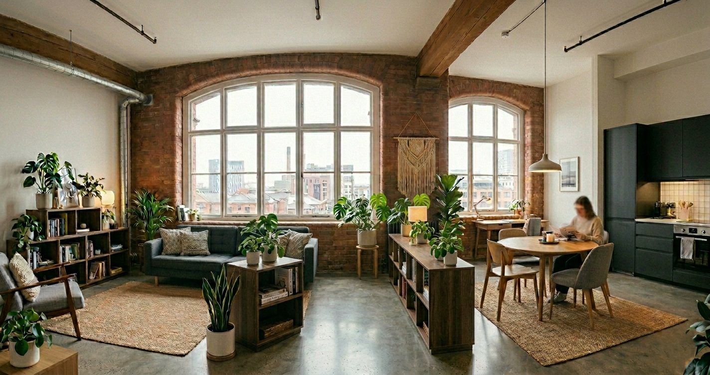 modern broken-plan living room layout featuring an open-backed black bookshelf dividing the lounge and dining areas