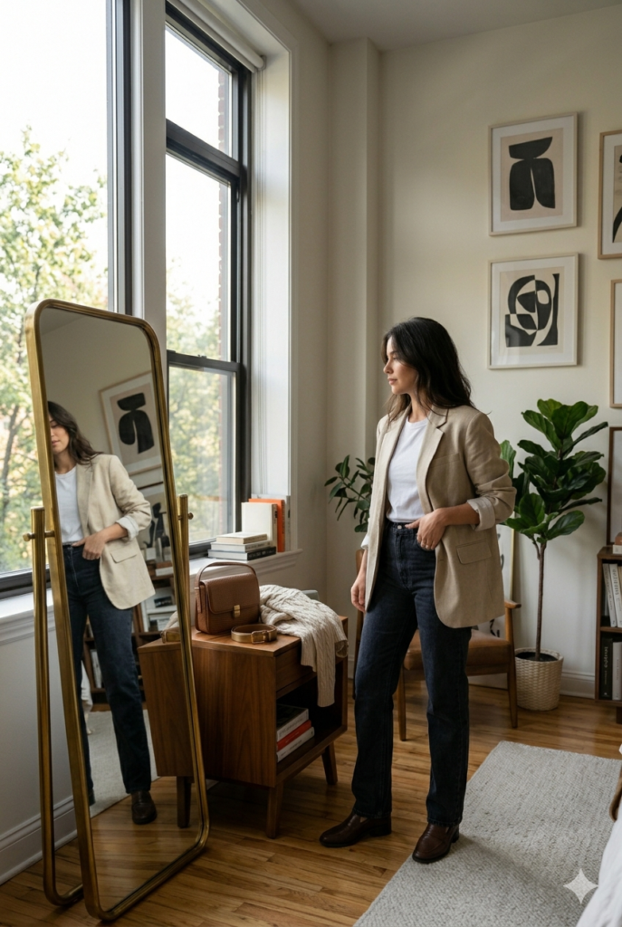 woman styling a casual white tee and jeans outfit using a neutral tailored blazer as the three-piece rule