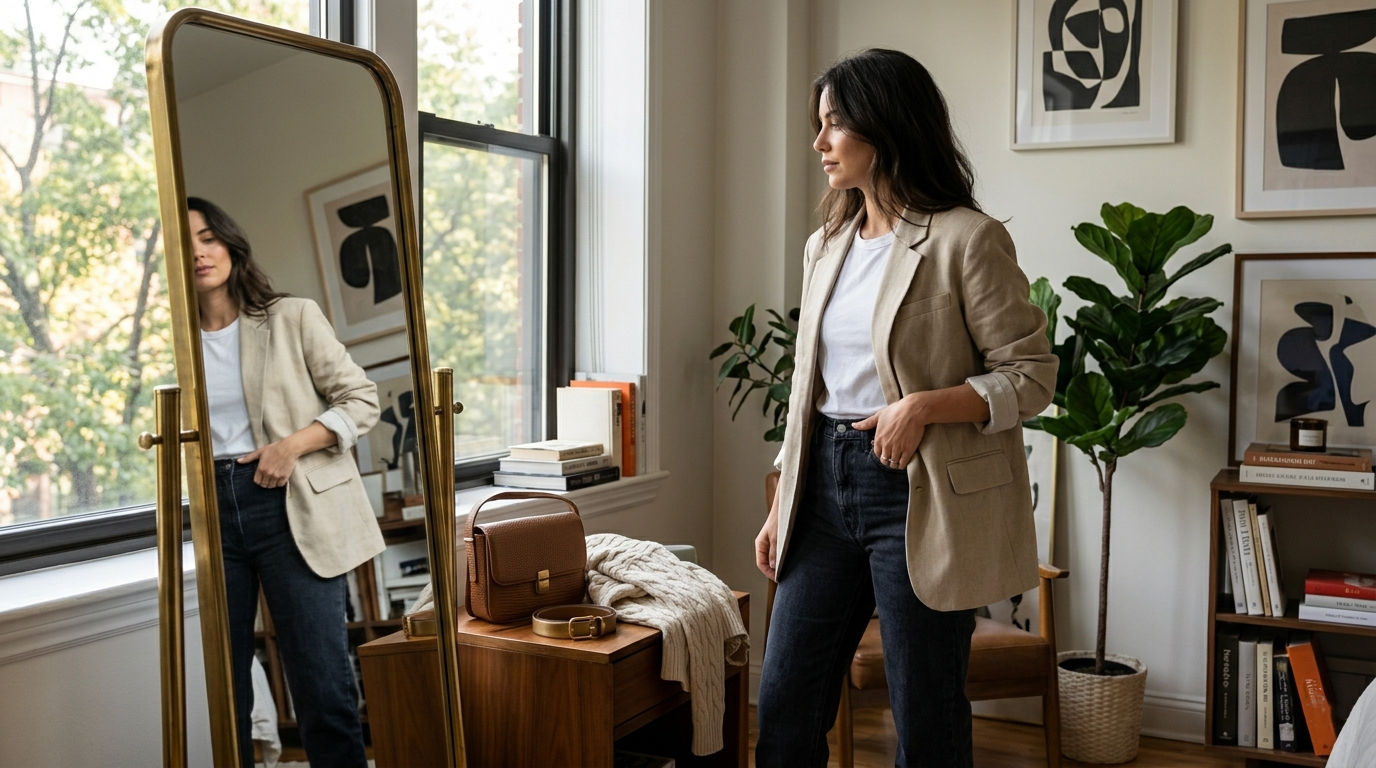 woman styling a casual white tee and jeans outfit using a neutral tailored blazer as the three-piece rule
