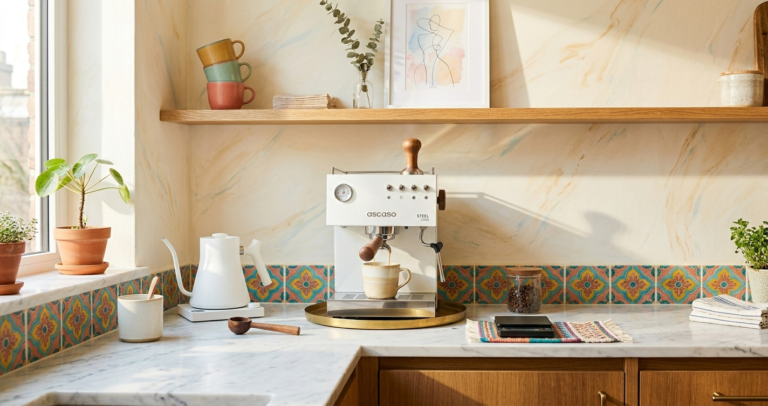 minimalist coffee station on kitchen counter with marble tray and glass syrup dispensers