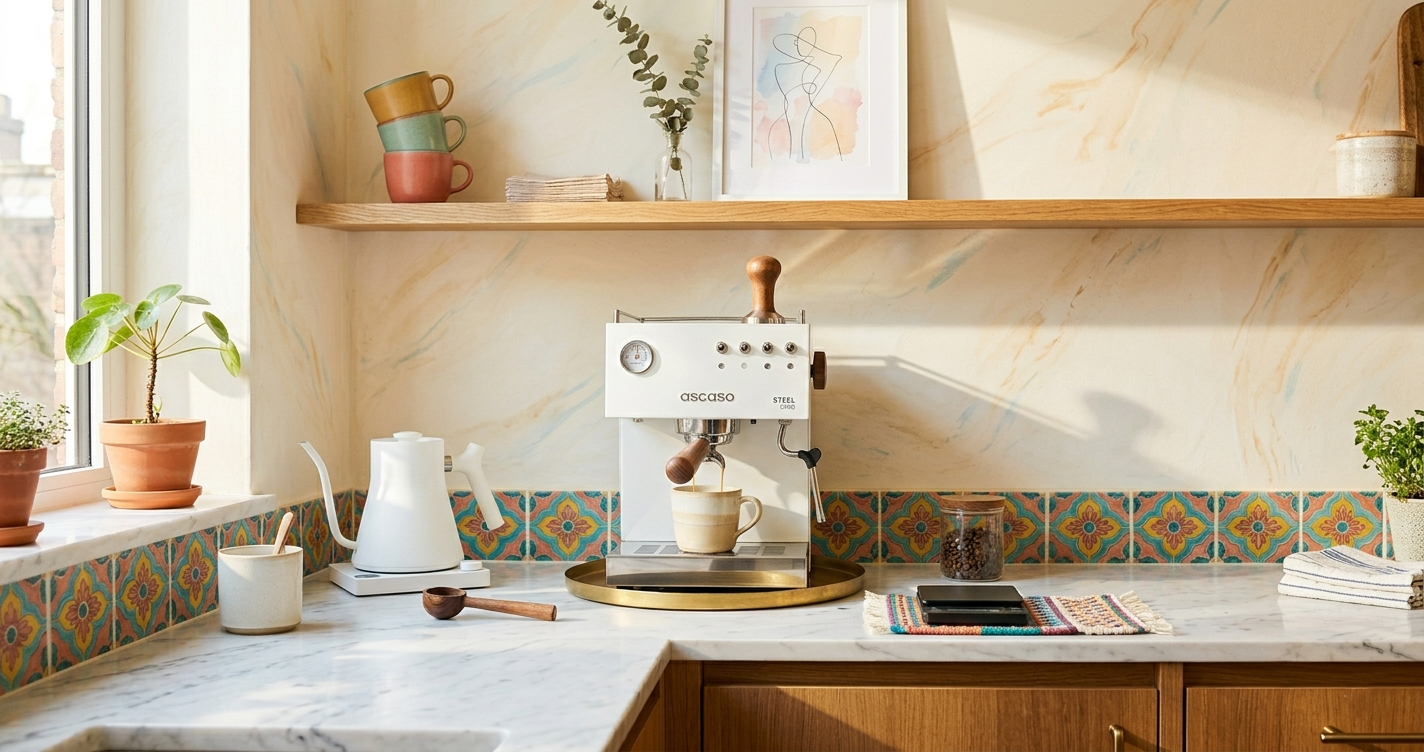 minimalist coffee station on kitchen counter with marble tray and glass syrup dispensers