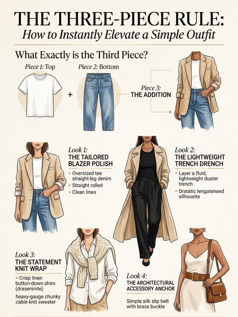 woman styling a casual white tee and jeans outfit using a neutral tailored blazer as the three-piece rule