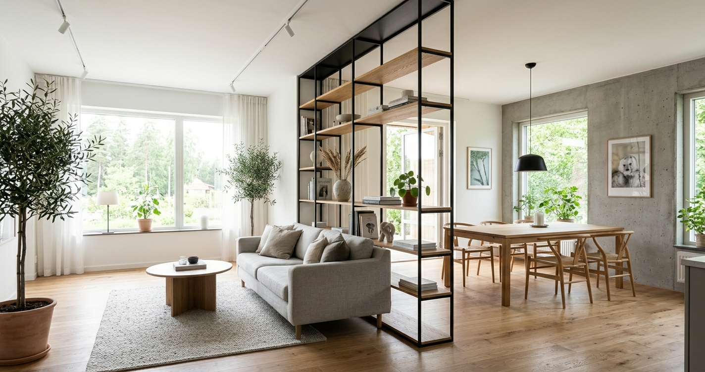 A gorgeous, brightly lit interior shot of a minimalist black steel or oak oak open bookcase dividing a living room from a dining space.
