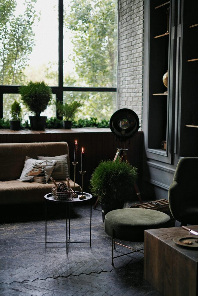 green as a neutral living room with burl wood coffee table