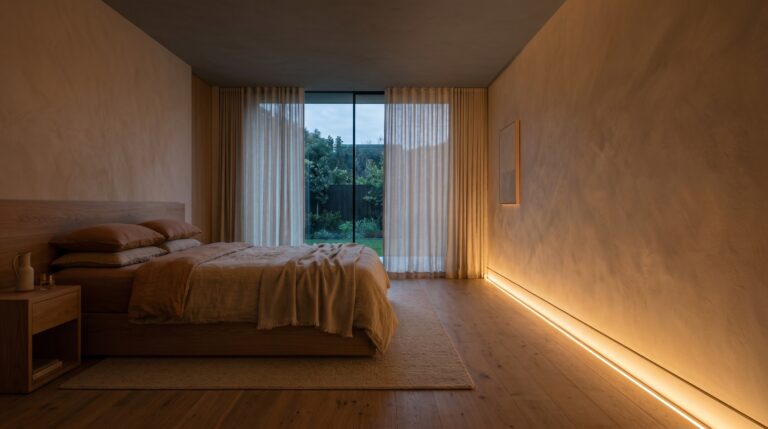 Minimalist bedroom styled with low-altitude, warm amber ambient lighting for circadian rhythm sleep optimization.