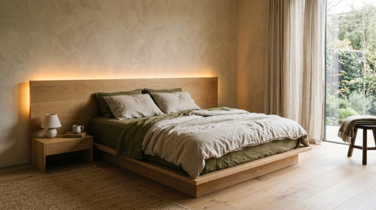 Minimalist low-stimulus bedroom featuring soft organic linen sheets, raw textured plaster walls, and warm indirect lighting for deep relaxation.