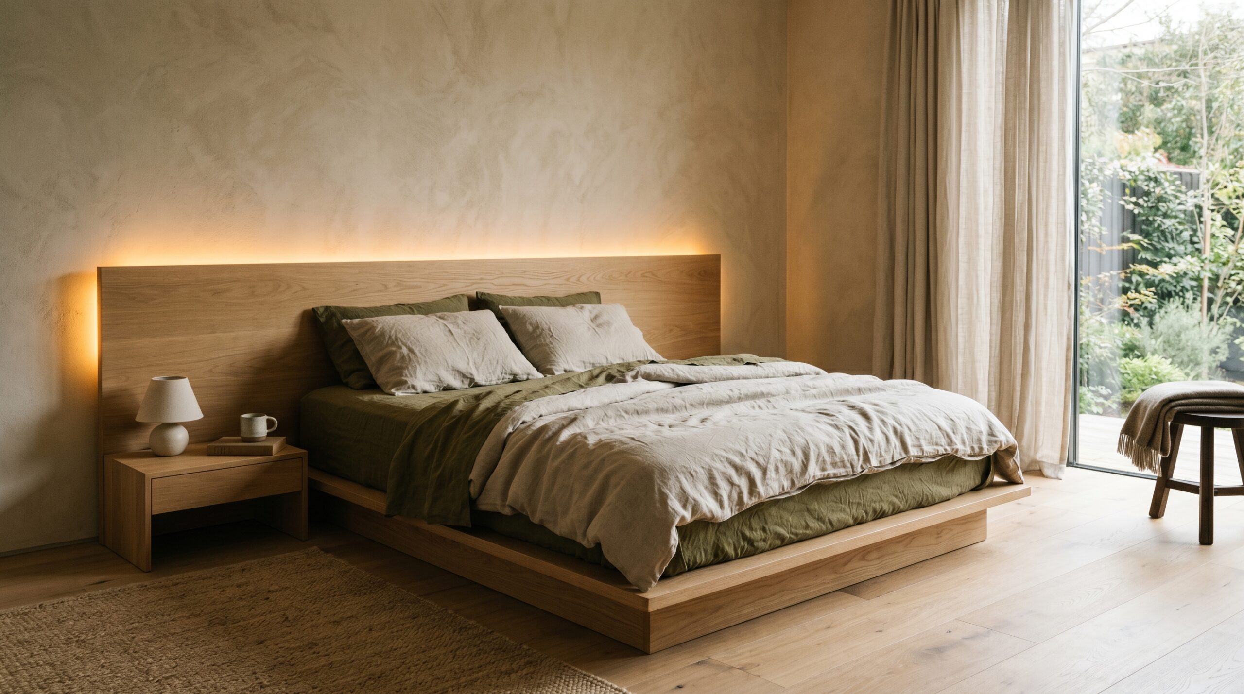Minimalist low-stimulus bedroom featuring soft organic linen sheets, raw textured plaster walls, and warm indirect lighting for deep relaxation.