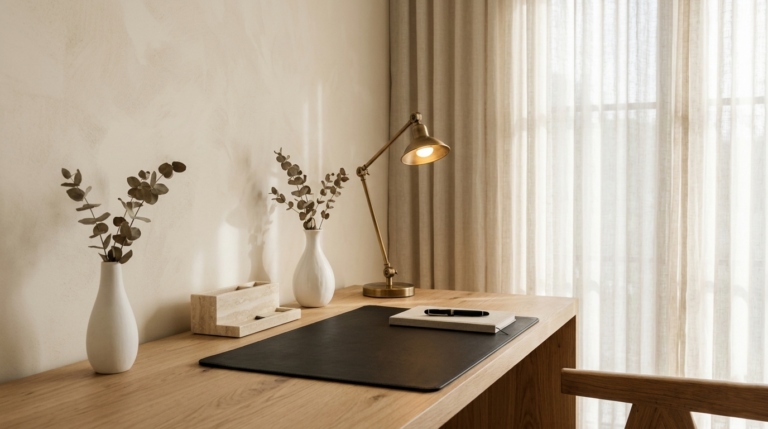 Minimalist home office desk setup featuring a raw oak desk, clean warm plaster walls, leather desk accessories, and diffused natural light for optimized focus.