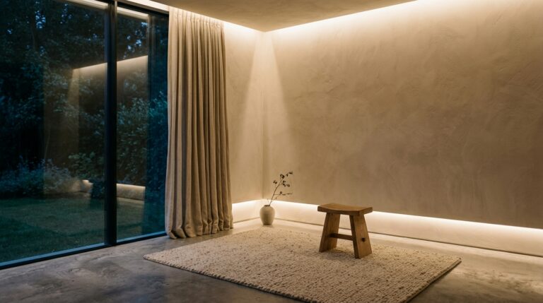 Minimalist reading corner featuring soft wool textures, warm indirect lighting, and a clutter-free, serene aesthetic for mental decompression.