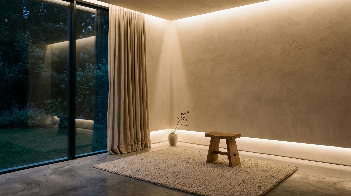 Minimalist reading corner featuring soft wool textures, warm indirect lighting, and a clutter-free, serene aesthetic for mental decompression.